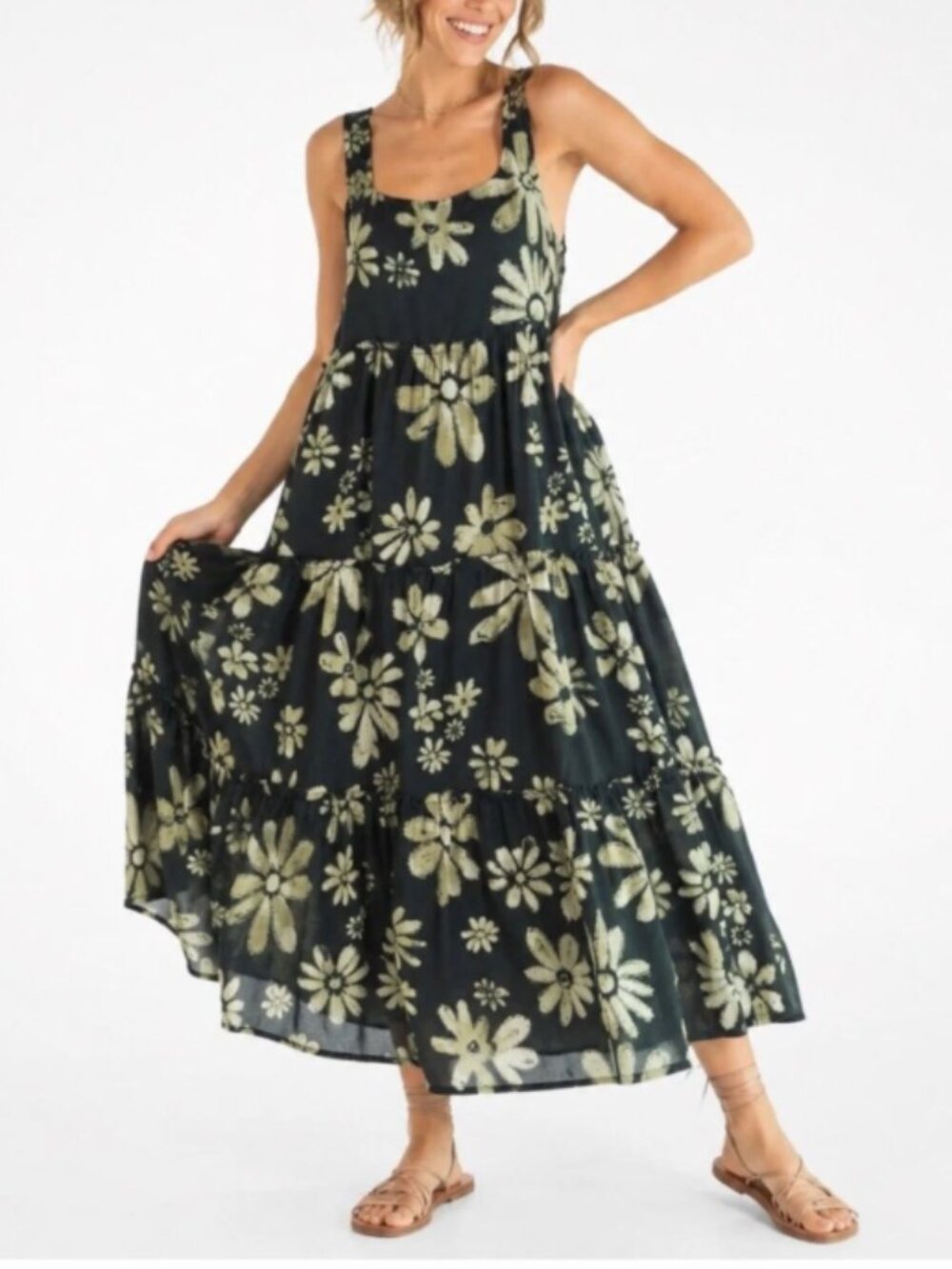 Natural Life Adele Cotton Maxi Dress Black Cream Daisies Tiered Size XXL - Picture 1 of 14